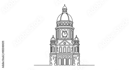 A minimalist continuous line art illustration elegantly portrays a classical domed building with a prominent clock tower, ideal for architectural design.