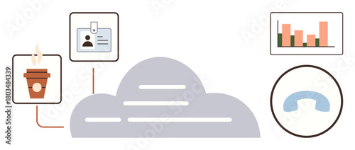 Cloud platform linking steaming coffee cup, ID card, bar graph, and a phone receiver. Ideal for collaboration, communication, remote work, productivity, data sharing digital networking simple flat