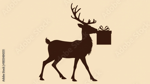 Dark brown silhouette of a reindeer carrying a gift on a light background