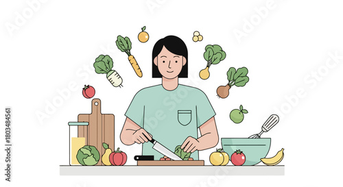Healthy Eating and Cooking at Home A person happily preparing fresh vegetables and fruits for a nutritious meal surrounded by vibrant produce symbolizing a wholesome lifestyle and culinary joy