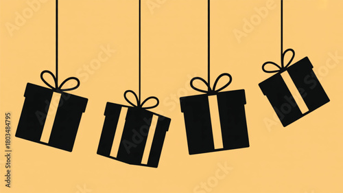 Four Black Gift Boxes Hanging on Yellow Background