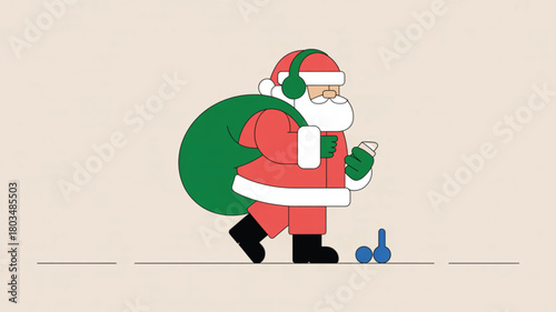 Santa Claus walking with headphones and gift bag Christmas