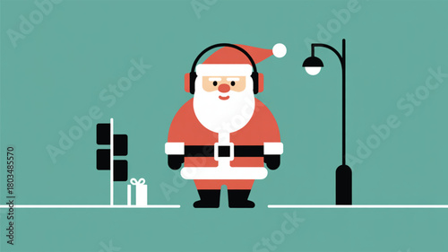Santa Claus with headphones and traffic light christmas
