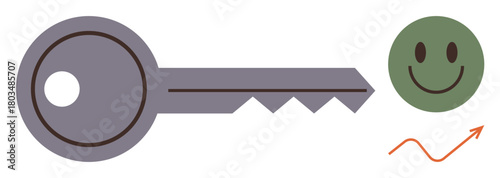 Large key pointing towards a smiling face paired with a rising arrow. Ideal for success, motivation, growth, positivity, opportunity, productivity, achievement. Simple flat metaphor