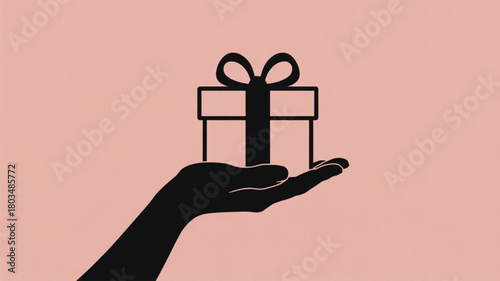 Silhouette of Hand Offering Gift Box on Pink Background