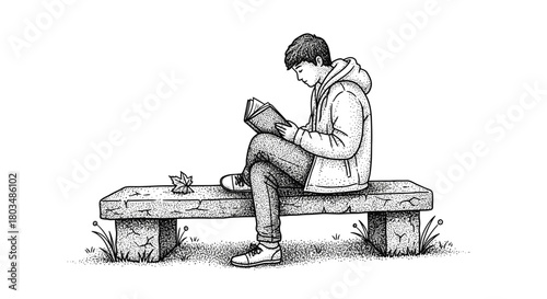 A hand-drawn illustration depicts a young man engrossed in reading a book while relaxing peacefully on a rustic stone bench outdoors, enjoying quiet solitude.