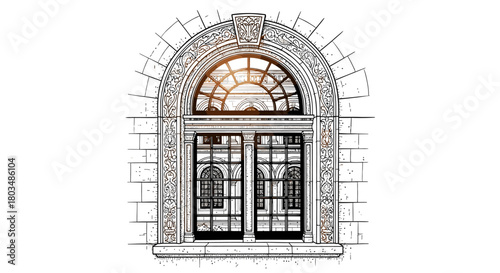 A meticulously detailed hand-drawn illustration showcases a grand arched entrance with an intricate fanlight, embodying classic architectural elegance and historical charm.