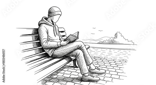 A solitary figure engrossed in reading a book while relaxing on a park bench by the tranquil waterfront, depicted in a classic hand-drawn sketch style.