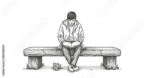 A serene monochrome illustration captures a young person deeply engrossed in reading an open book while sitting peacefully on a rustic stone bench.