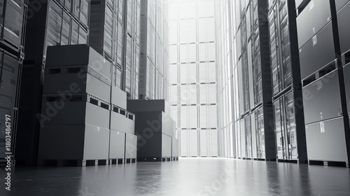 Warehouse interior with stacks of storage boxes