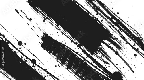 Abstract black ink brush strokes and splatters on