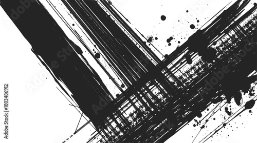 Abstract black ink brush strokes and splatters on