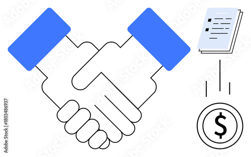 Two hands shaking, document, and coin symbolizing trust, business deal, partnership, agreement, or collaboration. Ideal for business, contract teamwork negotiation investment commerce and simple