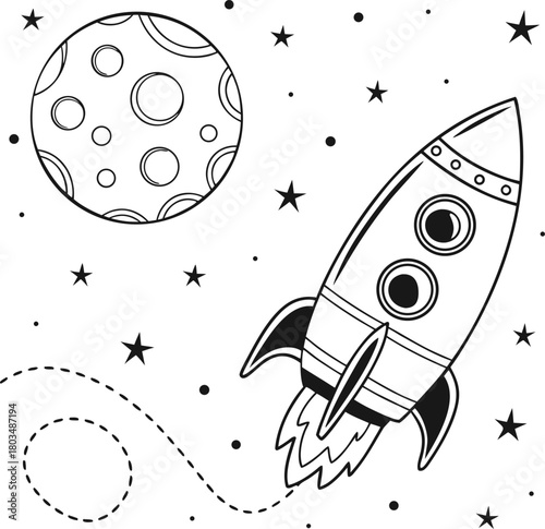 A black and white line drawing of a whimsical space scene. A cartoonish rocket ship is prominently positioned on the right side of the frame, ascending. The rocket has a pointed nose, two circular win