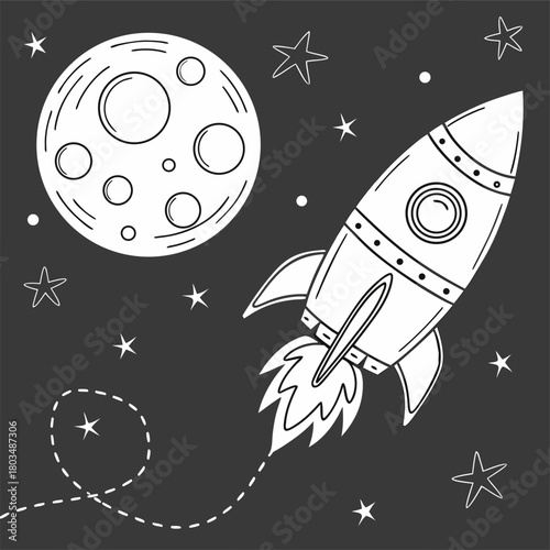 A black and white line drawing of a whimsical space scene. A cartoonish rocket ship is prominently positioned on the right side of the frame, ascending. The rocket has a pointed nose, two circular win