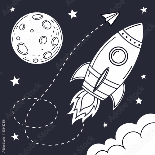 A black and white line drawing of a whimsical space scene. A cartoonish rocket ship is prominently positioned on the right side of the frame, ascending. The rocket has a pointed nose, two circular win