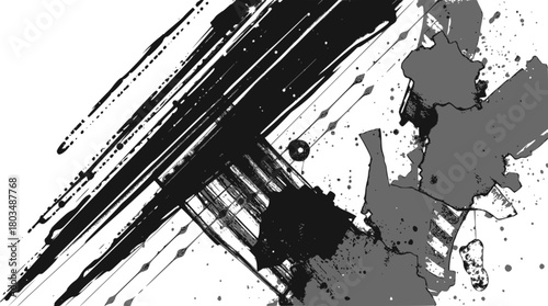 Abstract black and grey ink brush strokes and splatters