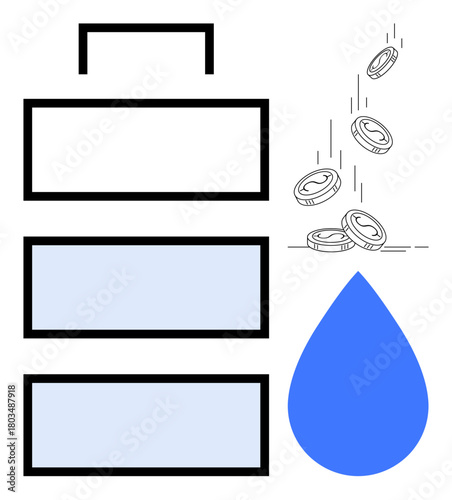 Battery indicating energy levels, blue water drop symbolizing resources, coins falling depicting financial investment. Ideal for sustainability, energy efficiency, resource management, innovation