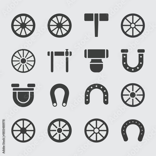 Minimal Black-and-White Horse Cart & Wheel Component Icon Set – Clean Geometric Vector Collection