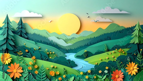 A vibrant, paper-cut style landscape featuring layered mountains, a winding river, and a bright sun with puffy clouds