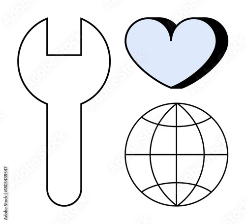 Wrench, heart, and globe combined to represent global problem solving, care, and collaboration. Ideal for support, compassion, teamwork, humanitarian aid global reach innovation simple flat