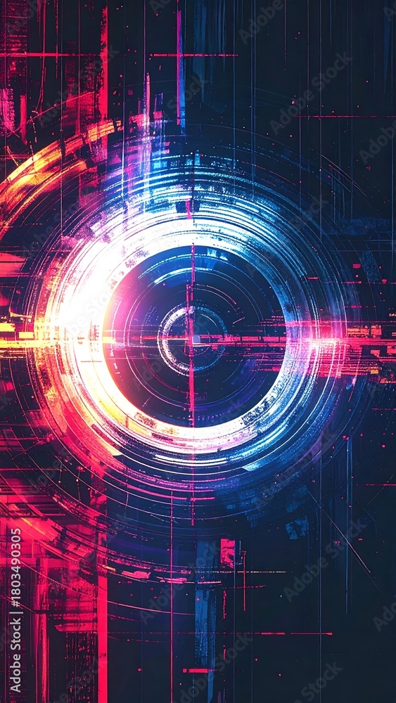 Fototapeta premium A vibrant, abstract digital art piece with a glowing central circular design, encircled by intricate lines and layers, creating an otherworldly depth