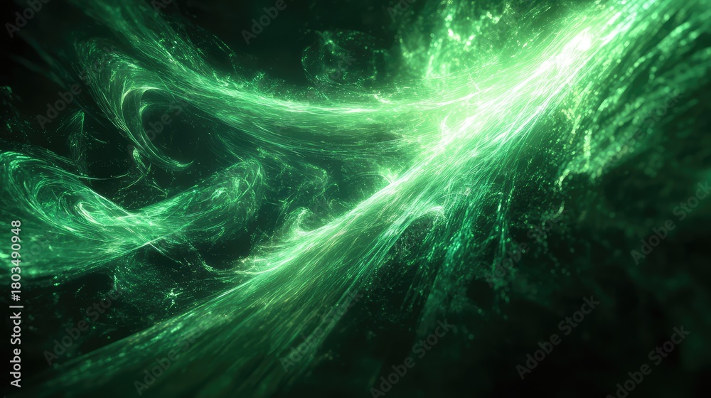 Fototapeta premium Green energy light particles flowing in space
