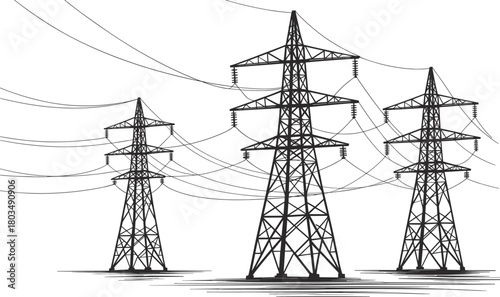 Electricity transmission towers, high voltage pylons, power grid infrastructure, steel lattice structure, energy distribution network, overhead lines, industrial utility, 