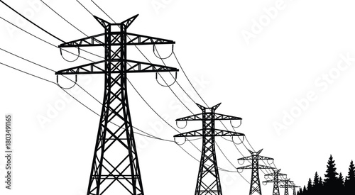 Electricity transmission towers, power lines, rural energy infrastructure, forest background, blue gradient vector, utility pylons, high voltage, stylized landscape, energy supply, grid network