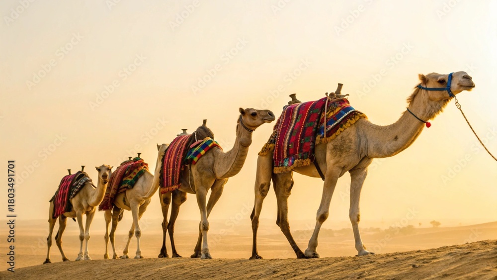 Fototapeta premium Caravan Of Camels With Colorful Saddle Blankets Traveling Across Desert Dunes During Golden Hour