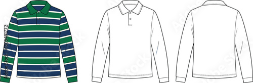 Long sleeve polo shirt front and back view, striped casual menswear design, technical fashion sketch, garment flat drawing, apparel template, clothing illustration