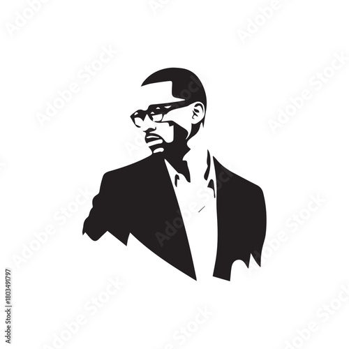 Black and White Handsome Man Illustration in Clean Vector Line Art Style on Minimal Background