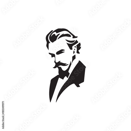 Black and White Handsome Man Illustration in Clean Vector Line Art Style on Minimal Background