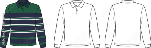 Long sleeve shirt front back view, fashion technical sketch, color block design, striped casual wear, garment flat drawing, apparel template, menswear illustration, clothing mockup