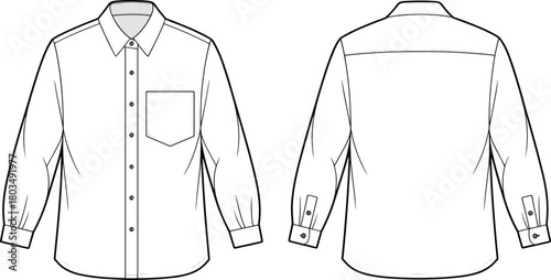 Long sleeve shirt technical sketch, fashion flat drawing, garment design blueprint, front and back view, apparel template, clothing illustration, button-up shirt vector