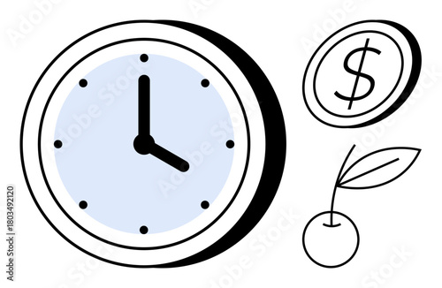 Clock paired with dollar coin and cherry branch symbolizing time, value, and growth. Ideal for concepts thumbs up productivity, finance, time management, planning, investments, sustainability