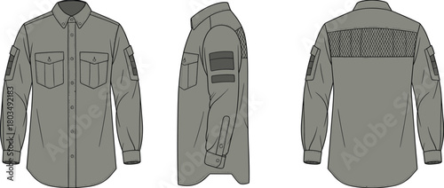 Long sleeve shirt technical sketch, front side back view, fashion flat design, garment blueprint, apparel template, zipper sleeve detail, chest pockets, yoke panel