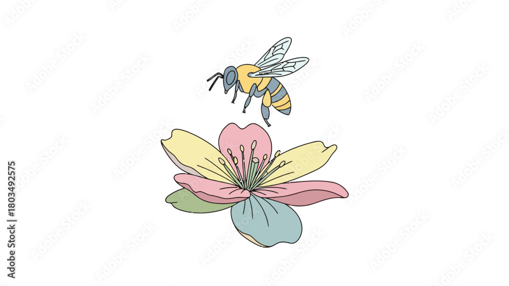 Fototapeta premium A cartoon bee with yellow and blue stripes flying above a colorful flower with pink yellow green and blue petals