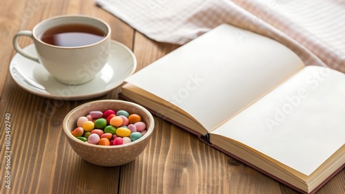 Cozy Morning Tea Time With Open Book And Colorful Candies On Wooden Table