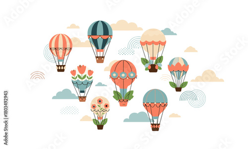 Whimsical hot air balloons soar through dreamy skies, perfect for children's illustrations, nursery decor, or invitations conveying joy and adventure