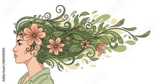 Stunning woman with floral hair design evokes nature's beauty and feminine elegance, perfect for wellness, beauty, and eco-conscious branding initiatives