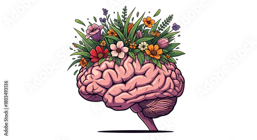 Nurturing mental health with vibrant flowers blooming from a brain, symbolizing growth, positivity, and the beauty of inner peace and well-being