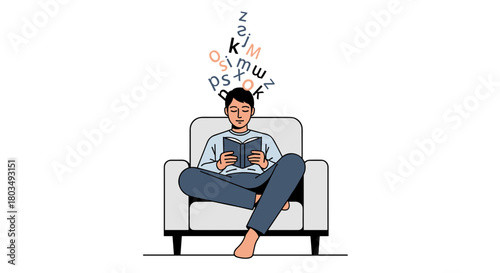 Cozy reading time illustration of a man engrossed in a book while relaxing in an armchair, perfect for promoting literacy and education initiatives