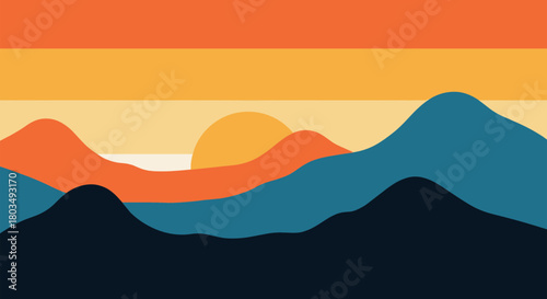 Stunning mountain landscape at sunset with vibrant orange and blue hues, perfect for travel, nature, or inspirational designs, originally scalable vector graphic