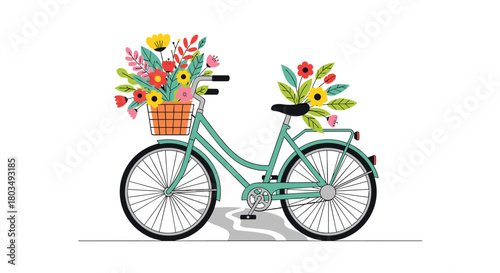 Charming teal bicycle with a colorful flower basket, perfect for spring promotions, delightful greeting cards, or whimsical designs with a cheerful vibe
