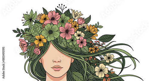 Elegant floral crown artwork embodies natural beauty, perfect for spring designs, invitations, and feminine branding with a touch of whimsical artistry