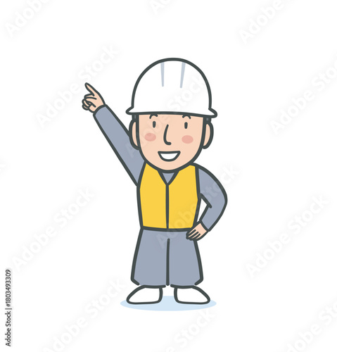指さしポーズをする作業服を着た白いヘルメットの男性のイラスト素材