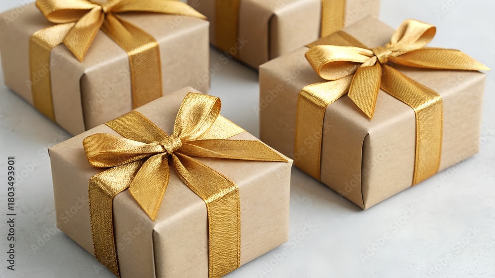 Obraz premium Four Brown Gift Boxes Tied With Glittering Gold Ribbons and Bows on a Light Gray Surface