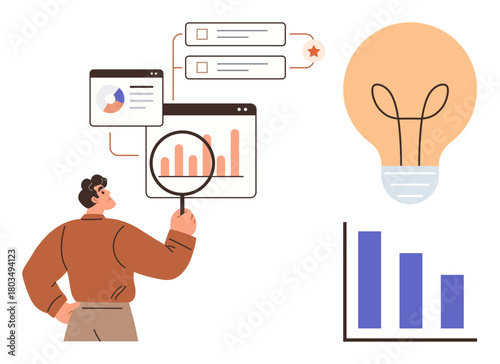 Man examines data with magnifying glass, graphs, and analytics screens, representing analysis, insights, innovation, decision-making, research, growth strategy and problem-solving in a simple flat