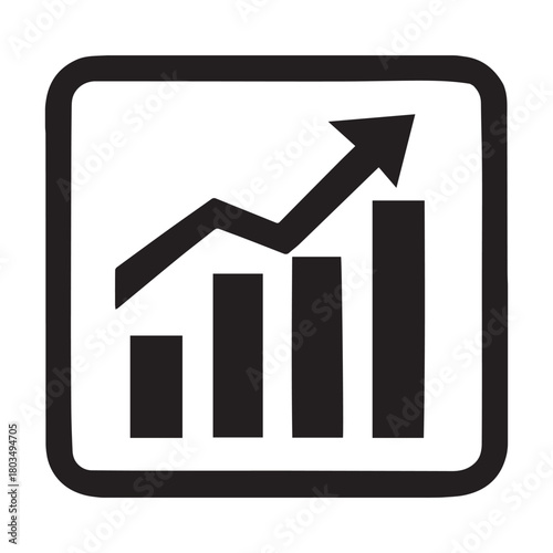 A black and white icon depicting a rising bar graph with an upward trending arrow symbolizing growth and positive performance